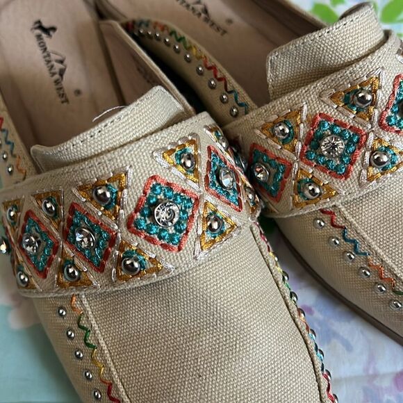 Montana West Mules Slides Canvas Rhinestone Embroidered - Picture 2 of 6